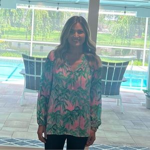 Lilly Pulitzer palm Tree long sleeve blouse pink and green. Size Medium M